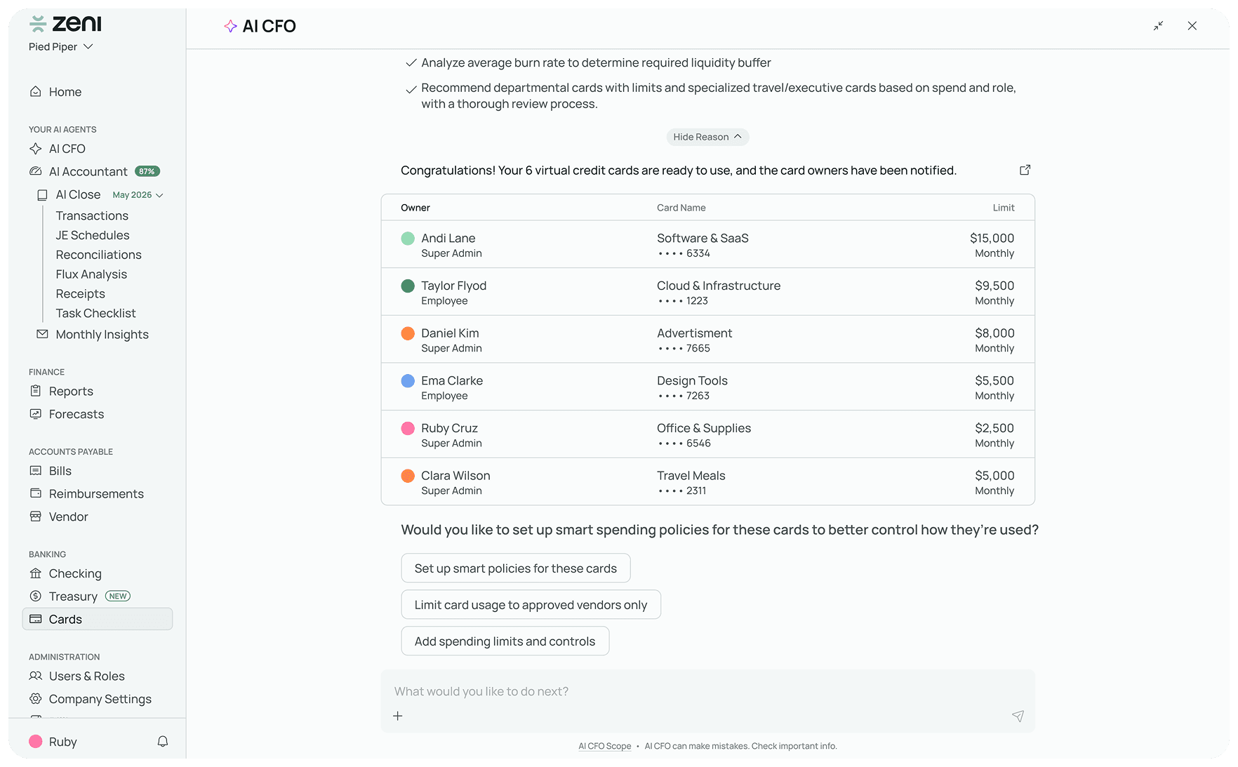 AI CFO for Cards — generated cards and follow-up policy questions