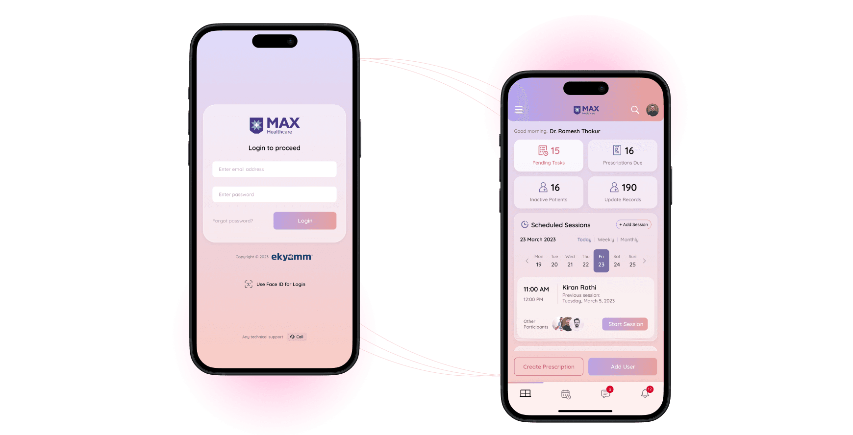 Ekyamm mobile — login screen and provider dashboard with scheduled sessions