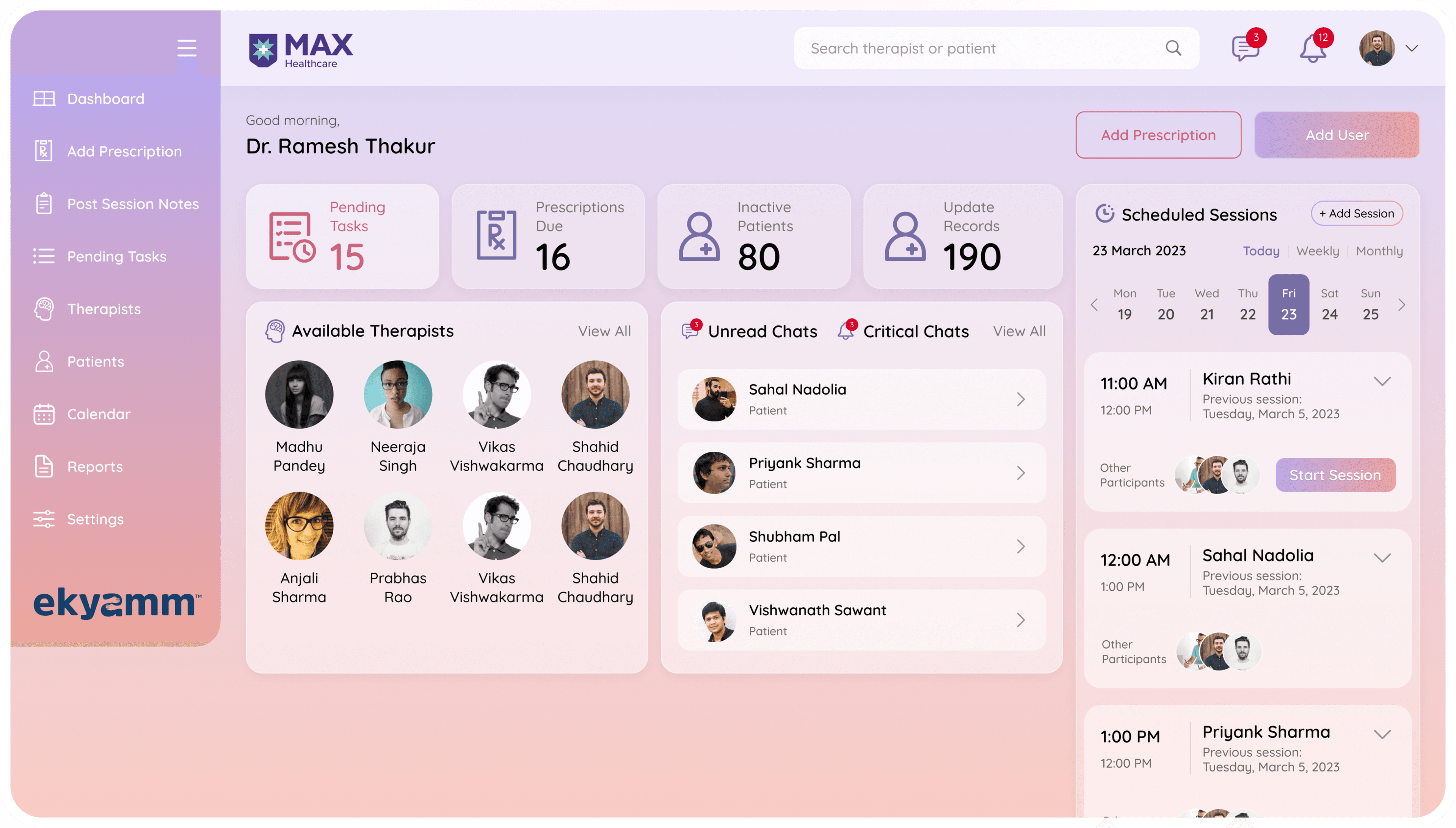 Ekyamm web — provider dashboard with available therapists, chats, and scheduled sessions