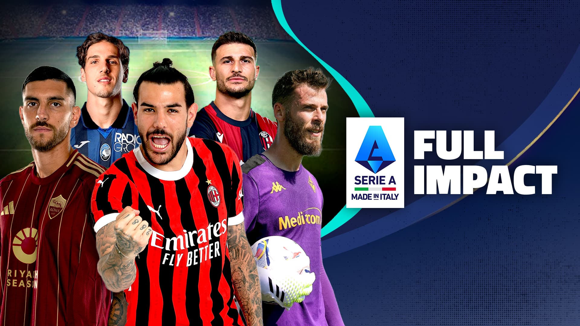 Serie A Full Impact — landscape hero creative with five player cut-outs