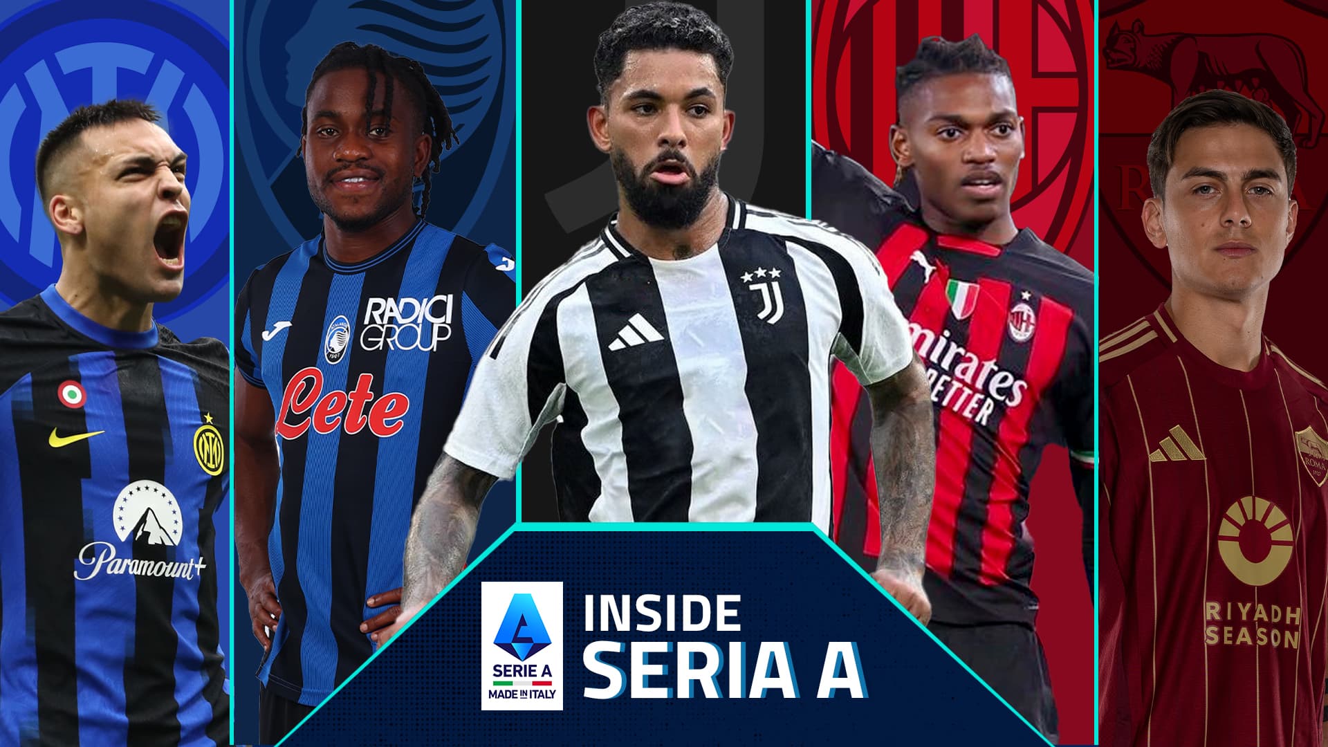 Inside Serie A — angled panel campaign creative with five player cut-outs