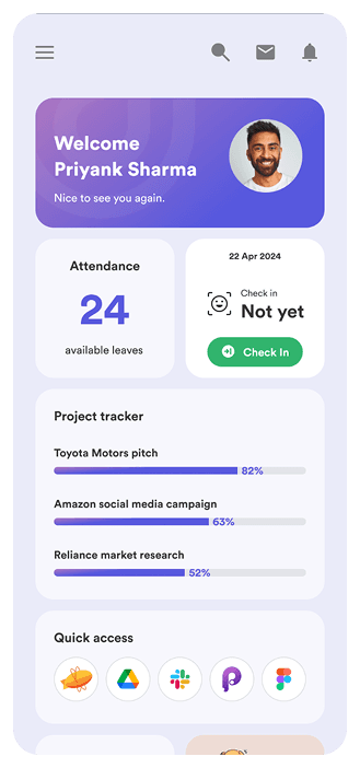Simpli HR mobile — dashboard with attendance, project tracker, and quick access