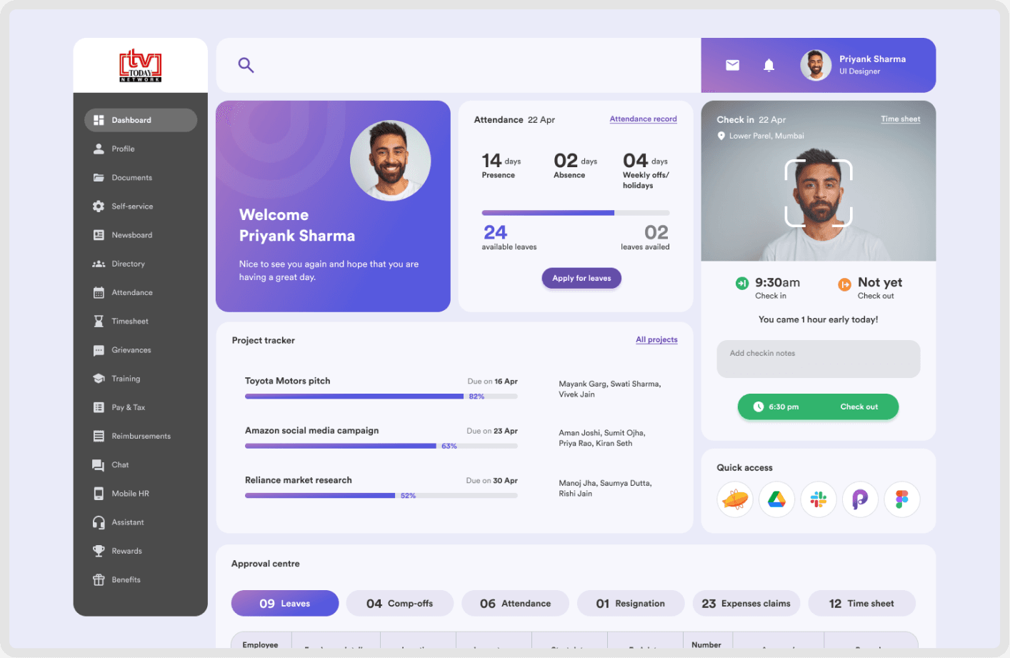 Simpli HR web — dashboard with attendance, project tracker, and approval centre
