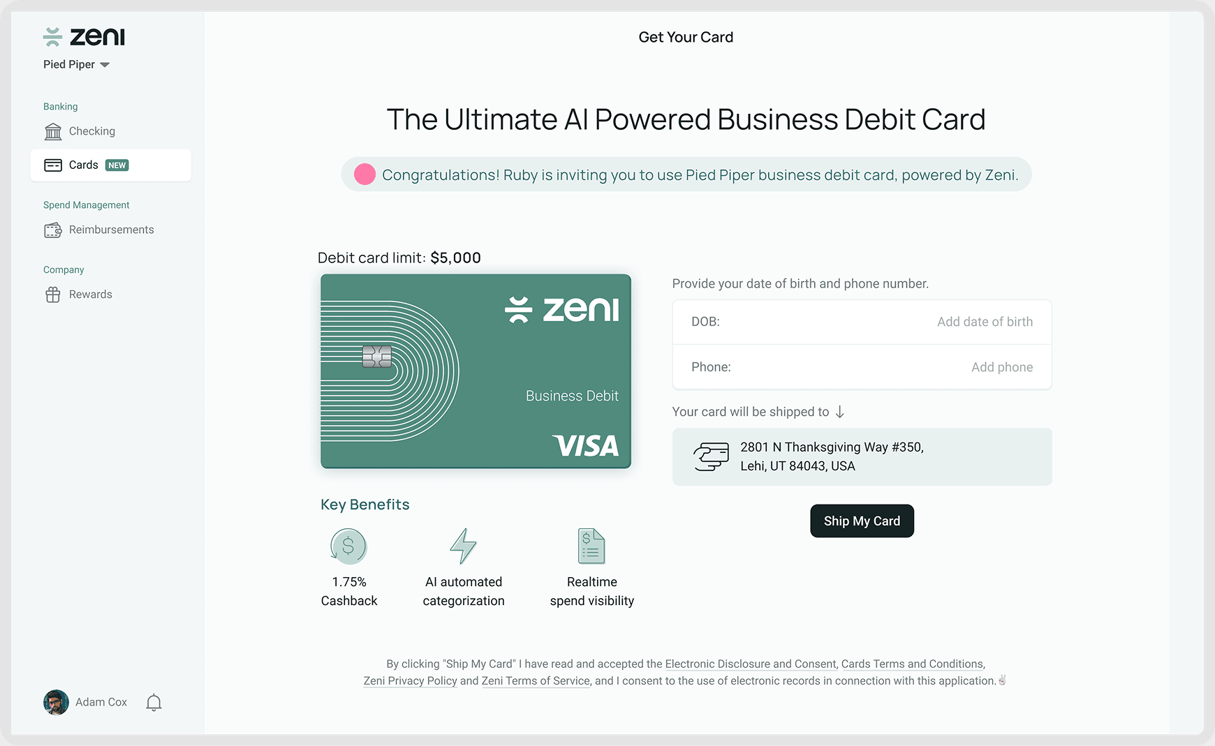 Zeni Cards — redesigned user activation page for a virtual debit card
