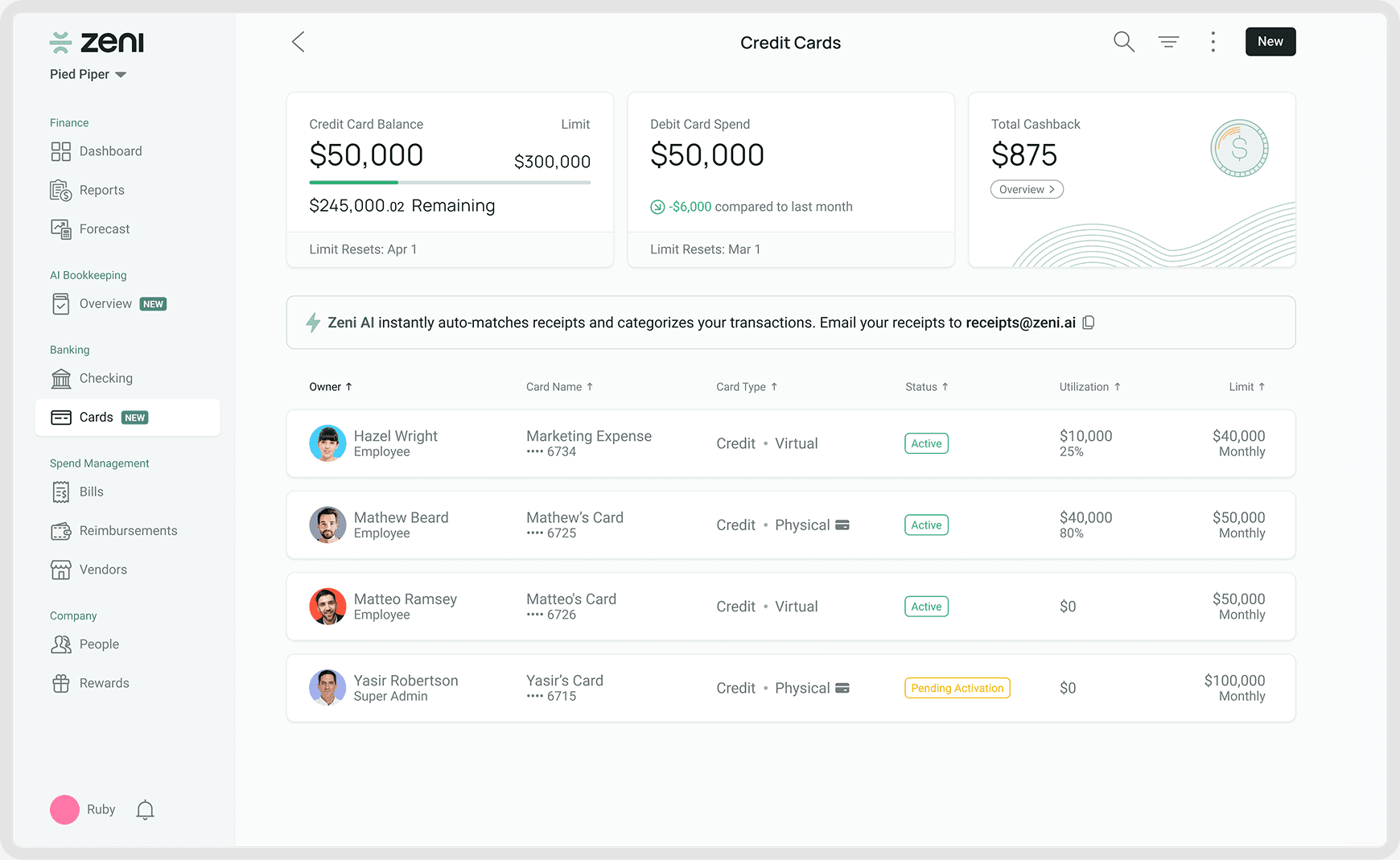 Zeni Cards — new card list page with card type column and summary cards