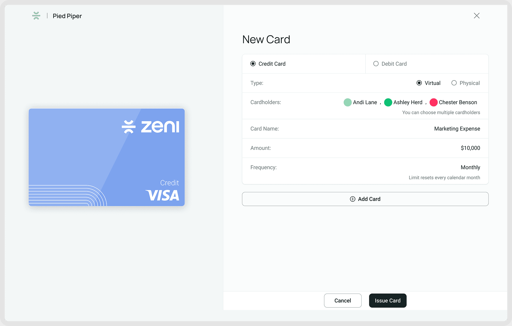 Zeni Cards — new issue card overlay with card type toggle and adaptive fields