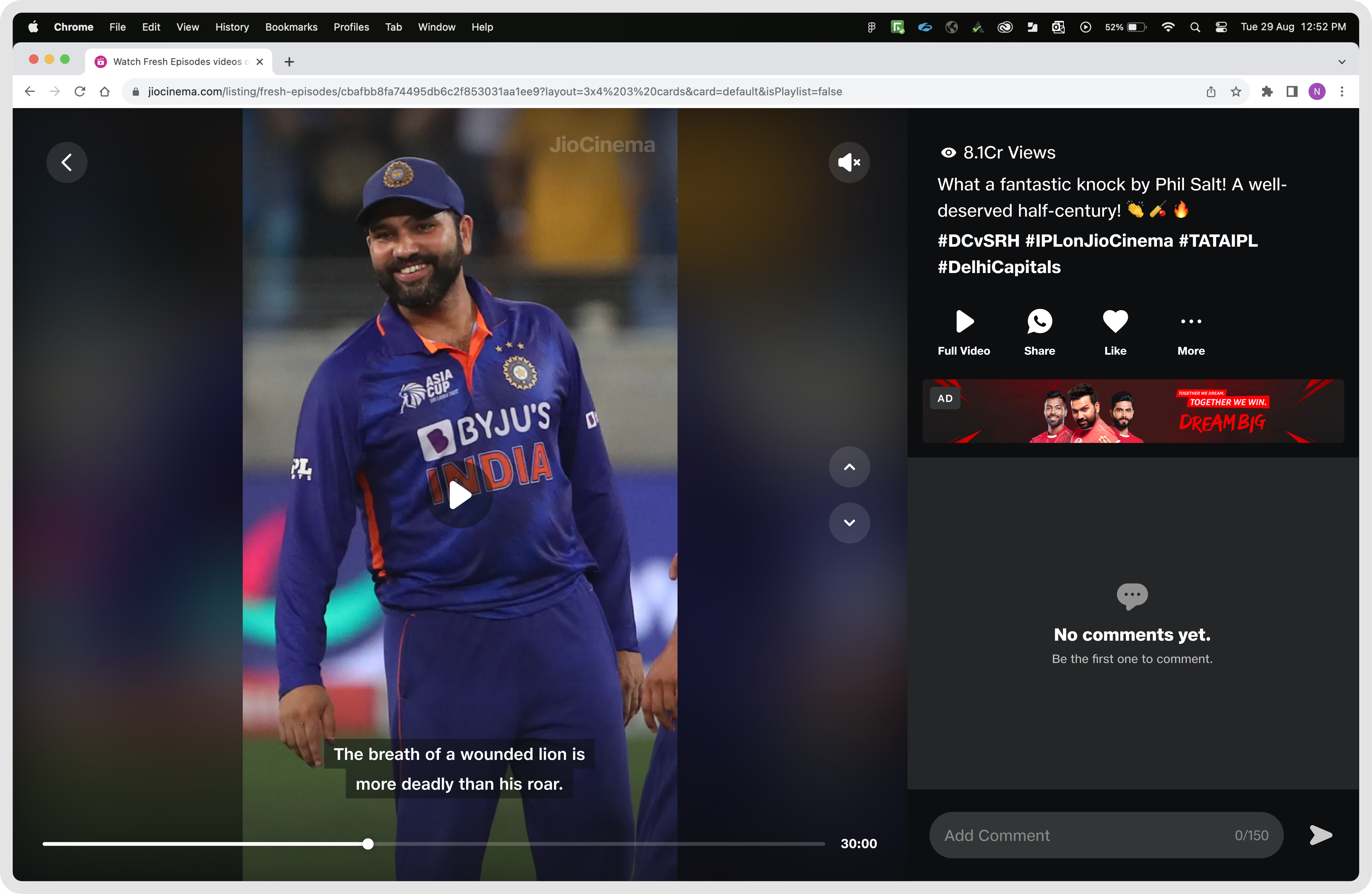 JioCinema Clips on desktop web — Phase 2, with comments panel and ad placement