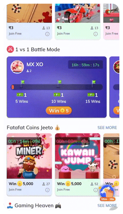 Battle Mode — game discovery feed with 1v1 Battle Mode card