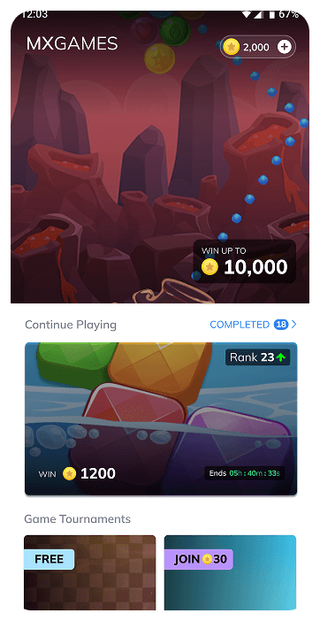 Games homepage — early iteration, tournament-focused hero with Win Up To banner