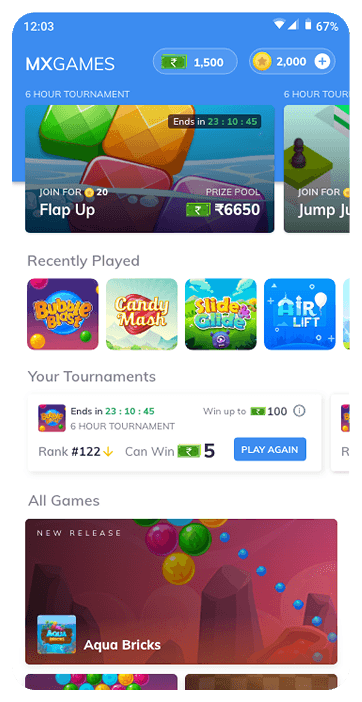 Games homepage — mid iteration, adds Recently Played and Your Tournaments rows