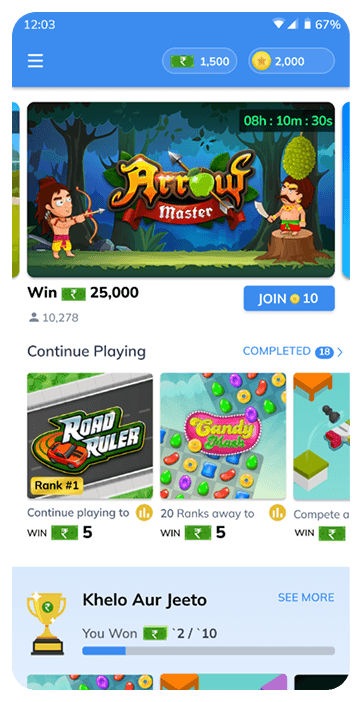 Games homepage — later iteration, adds New Release hero and Khelo Aur Jeeto rewards banner