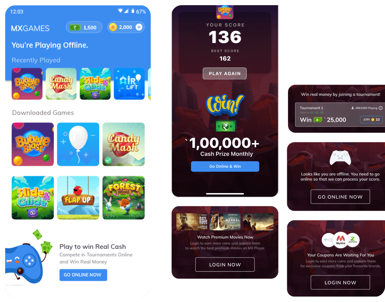 MX Games — offline home screen, go-online score screen, and nudge cards for tournaments, offline status, premium movies, and coupons
