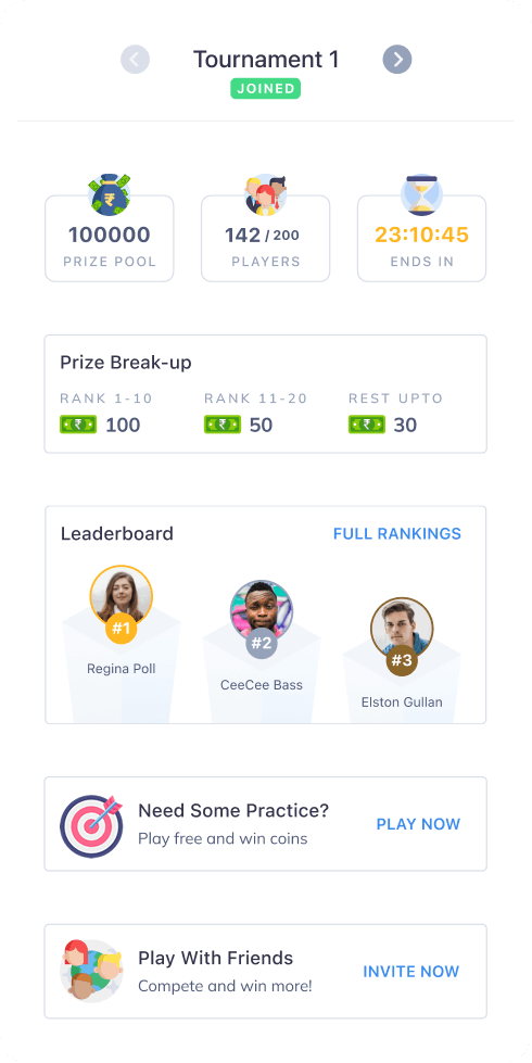 Timed tournaments — Tournament 1 detail page with prize pool and leaderboard
