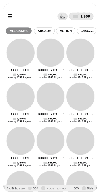 Wireframe — All Games categorized grid with category tabs