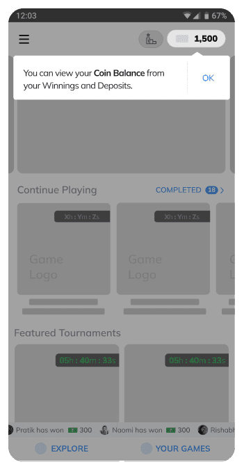 Wireframe — Coin Balance tooltip on the games home screen