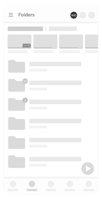 Wireframe — file manager with folders and downloads badges