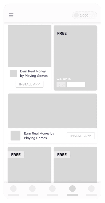Wireframe — game tournaments feed with ad placements