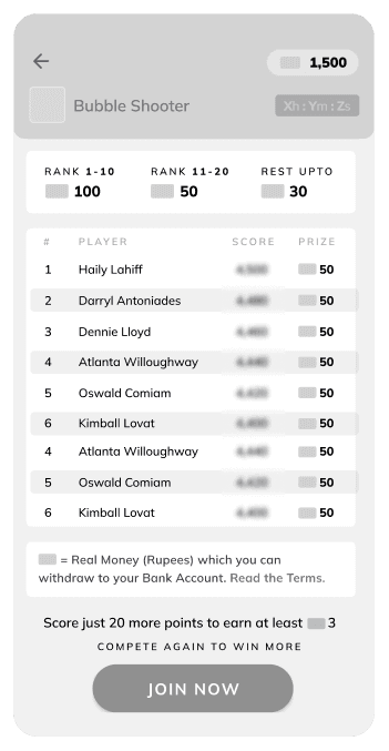 Wireframe — Bubble Shooter tournament leaderboard, Join Now state