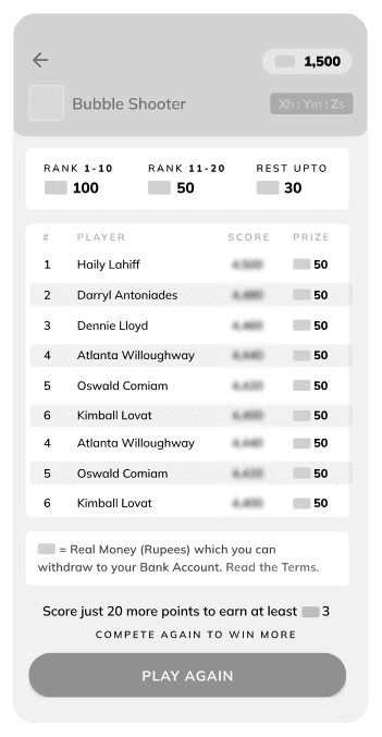Wireframe — Bubble Shooter tournament leaderboard, Play Again state