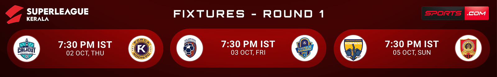 Round 1 fixture banner — web, all three matches with kickoff times