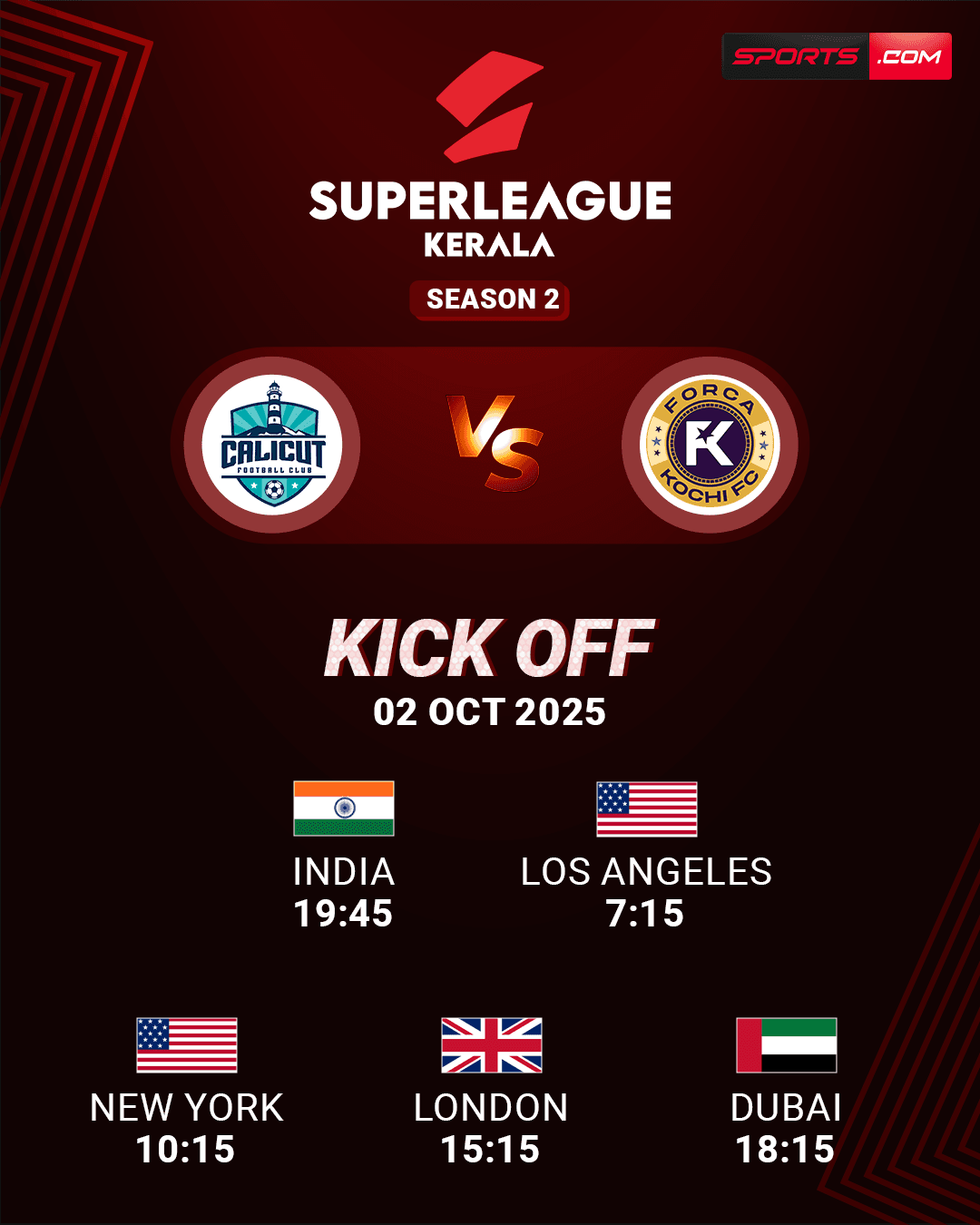 Social kickoff announcement — Calicut FC vs Forca Kochi FC with match times across five cities