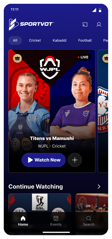 After — unified hero card, LIVE badge, Continue Watching row, and a cast icon