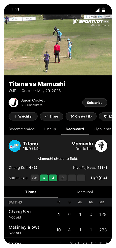 Player detail page — live scorecard and a Watchlist, Share, Create Clip, Like action row