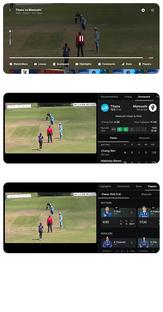 Mobile landscape — full tab-bar player mode and a split-panel scorecard mode