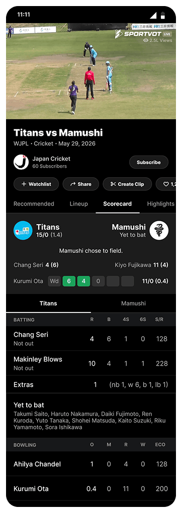 Mobile — sparse live-player overlay with tabbed scorecard detail below