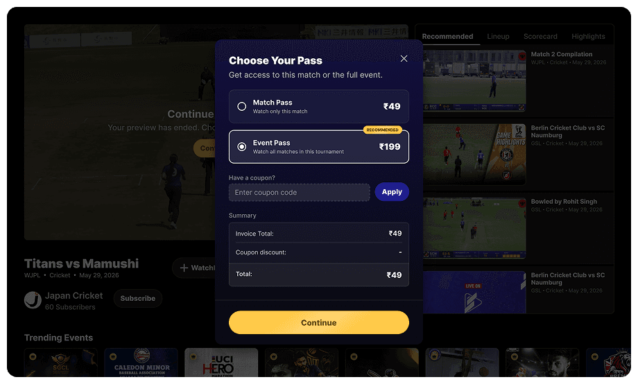 Web Price modal pop-up — Match Pass vs. Event Pass with coupon field and itemized summary